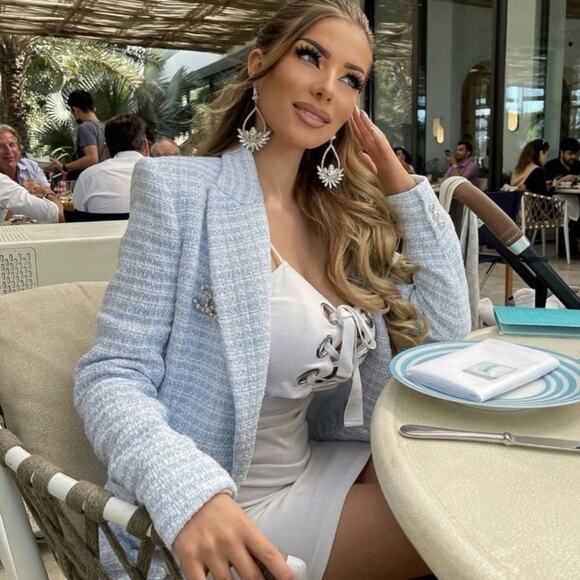 Zara Blue White Textured Tweed Double Breasted Blazer. Blogger fave. Like New - Picture 3 of 14